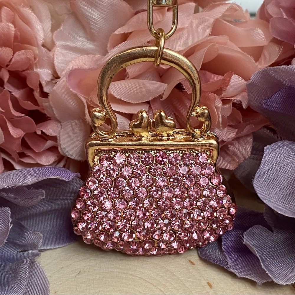Pink Crystal Clasped Handbag Keychain Charm - Picture 4 of 12